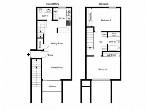 Floor plan for 2 beds, 1.5 baths, 932 sqft